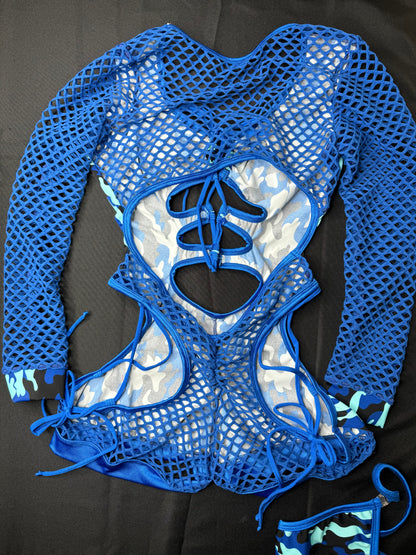 Blue Camouflage/Royal Blue Fishnet Bartender Romper Outfit