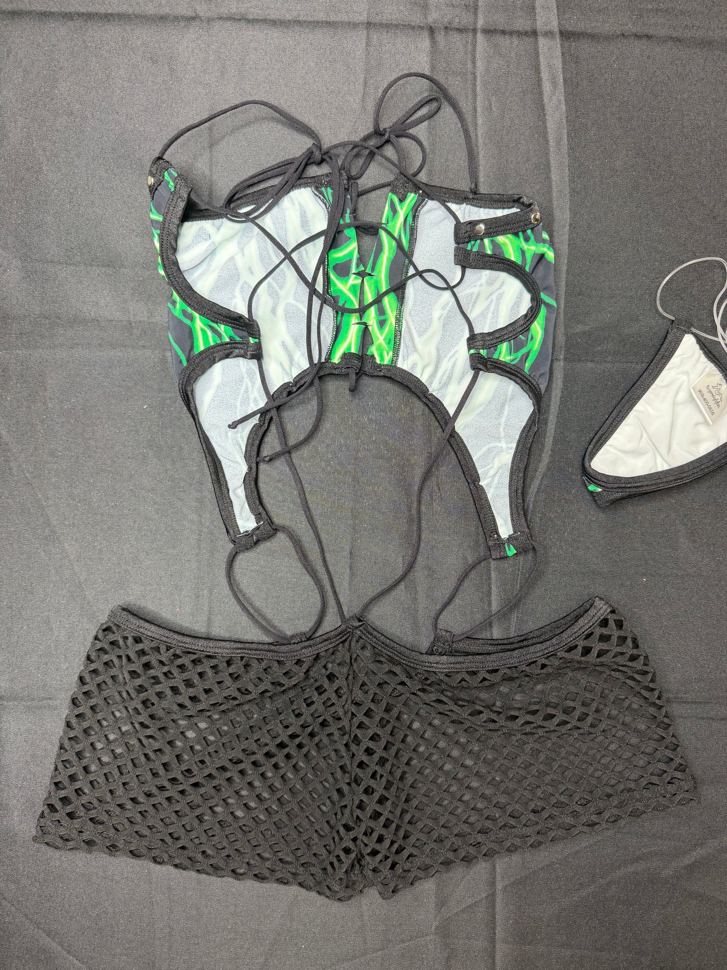 Green Lightning Print/Black Spandex One-Piece Lingerie Outfit