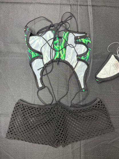 Green Lightning Print/Black Spandex One-Piece Lingerie Outfit