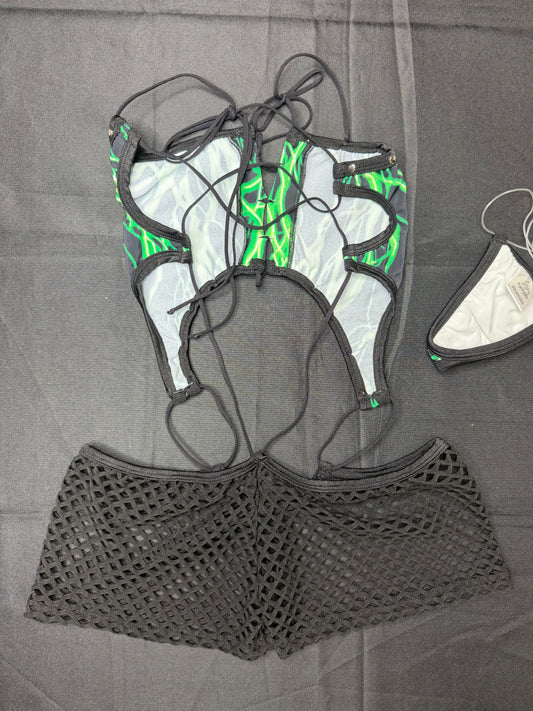 Green Lightning Print/Black Spandex One-Piece Lingerie Outfit