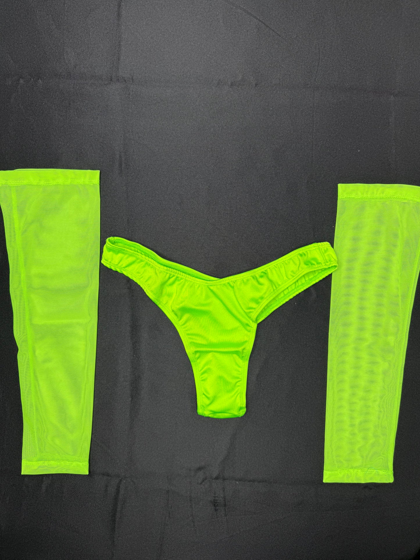 Neon Green Mesh Three-Piece Cheeky Thong/Sleeves Lingerie Outfit