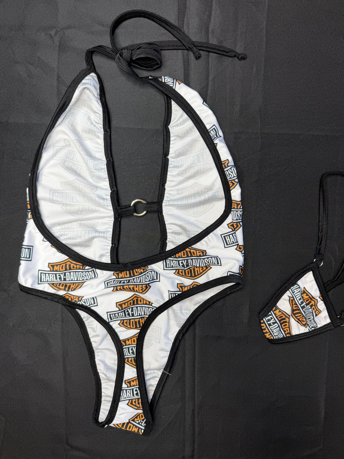 White Harley Print/Black Spandex One-Piece Lingerie Outfit