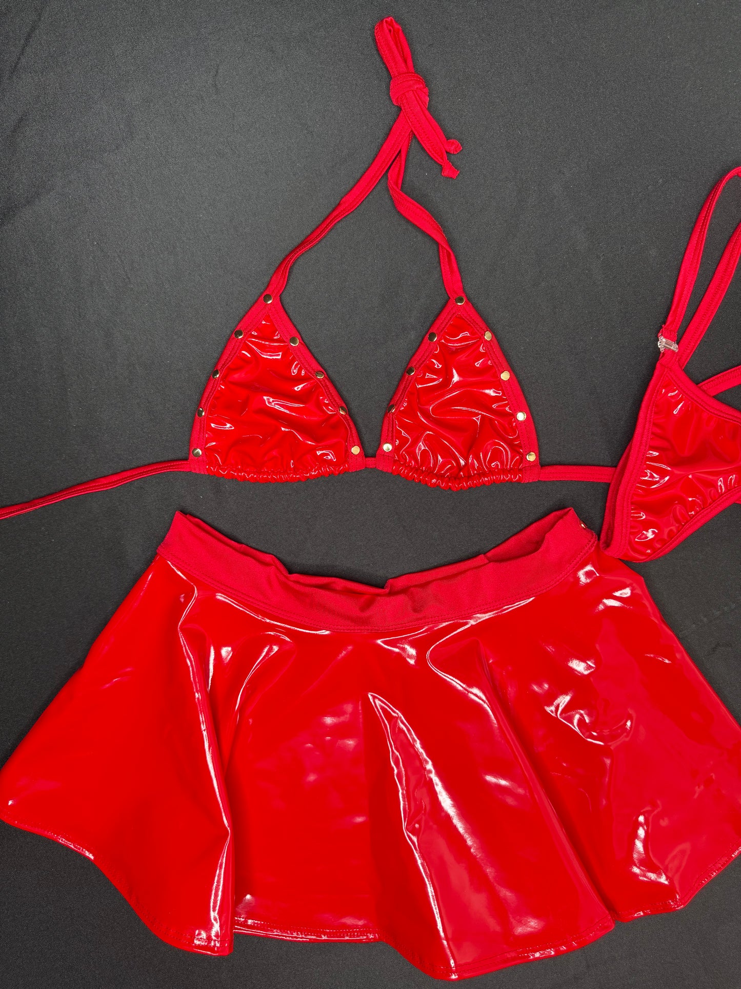 Red Latex Bikini Top/Skirt Two-Piece Lingerie Outfit