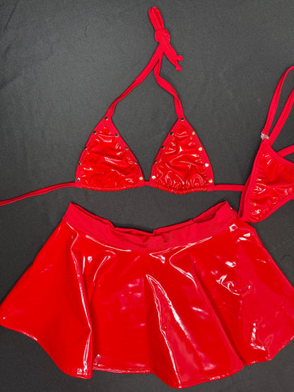Red Latex Bikini Top/Skirt Two-Piece Lingerie Outfit