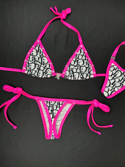 Hot Pink/White Designer Two-Piece Side-Tie Bikini Lingerie Outfit
