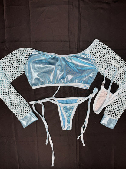 Metallic Baby Blue/Baby Blue Spandex Two-Piece Lingerie Outfit