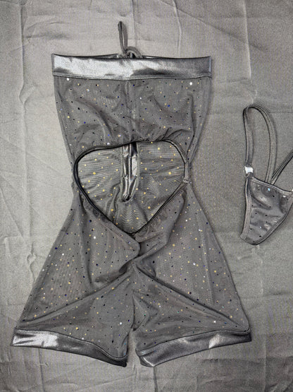 Metallic Black Spandex/Black Sparkle Mesh One-Piece Lingerie Outfit
