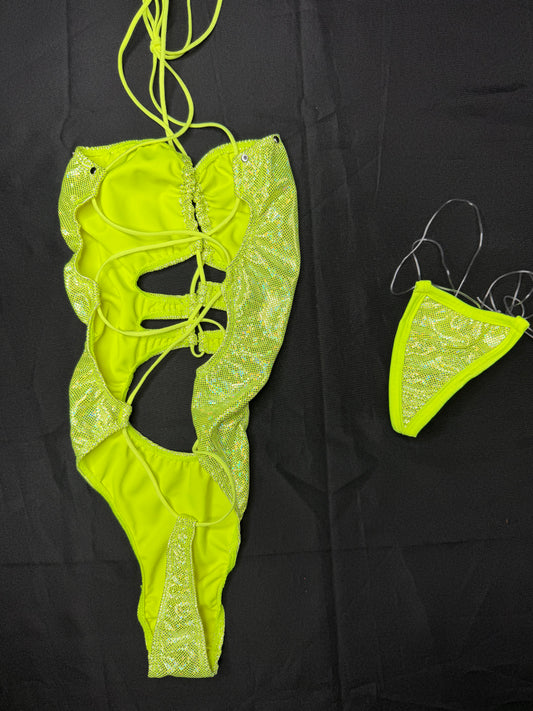 Metallic Yellow Spandex One-Piece Lingerie Outfit