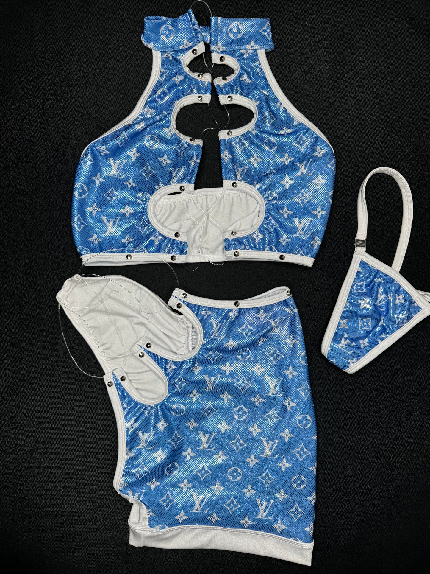 Metallic Baby Blue Two-Piece Silicone String Laced Lingerie Outfit