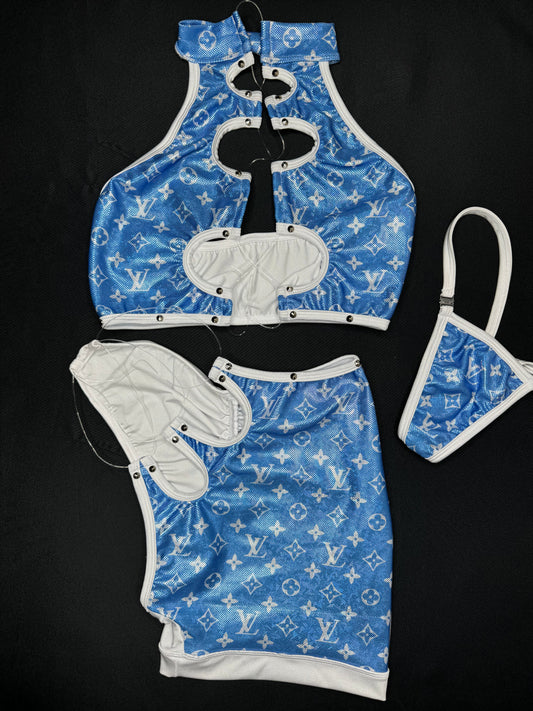 Metallic Baby Blue Two-Piece Silicone String Laced Lingerie Outfit