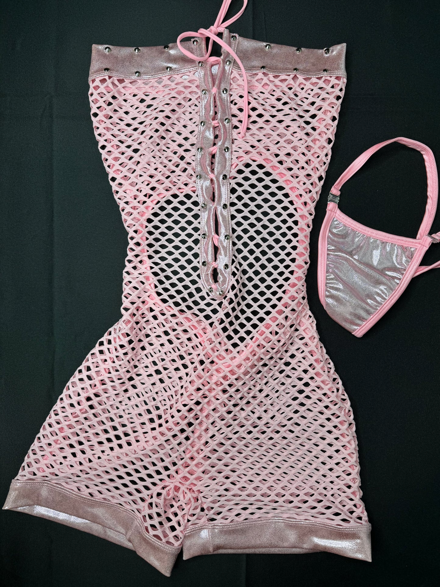 Metallic Pink/Baby Pink Fishnet One-Piece Exotic Dancer Outfit ...
