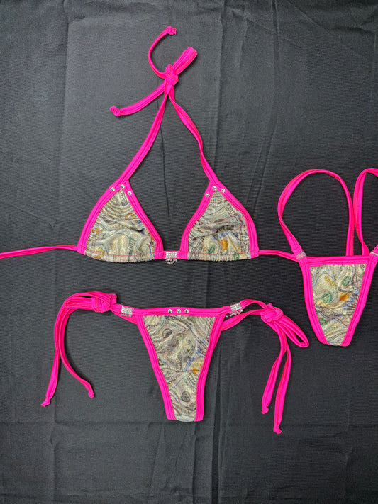 Holographic Money Print/Hot Pink Spandex Two-Piece Lingerie Outfit
