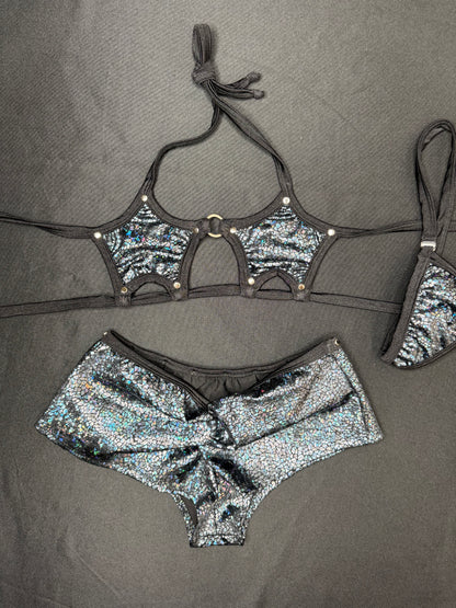 Metallic Black Star Bikini Top/Shorts Two-Piece Lingerie Outfit
