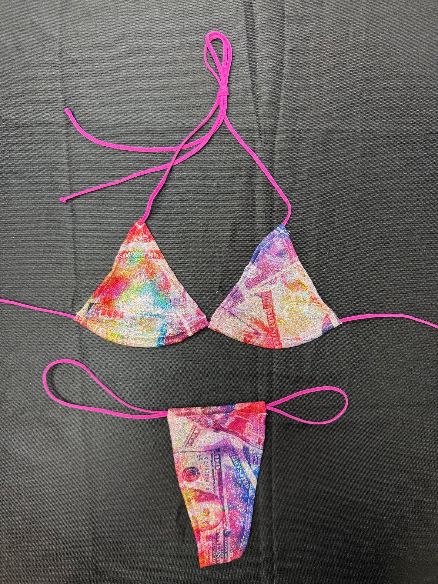 Holographic Money Print Spandex Micro Bikini Lingerie Outfit