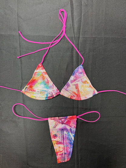 Holographic Money Print Spandex Micro Bikini Lingerie Outfit