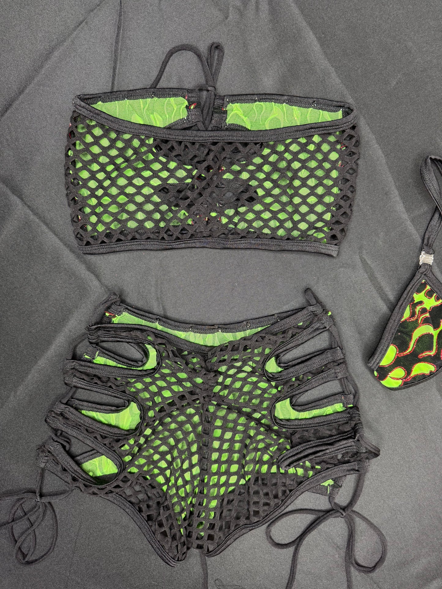 Green Fire Mesh/Black Fishnet Two-Piece Tube Top/Shorts Lingerie Outfit