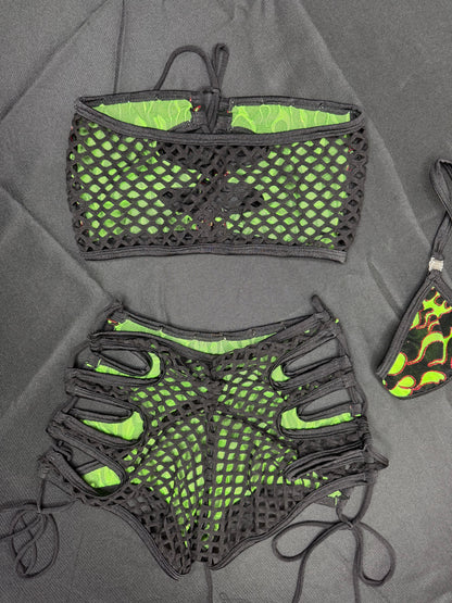 Green Fire Mesh/Black Fishnet Two-Piece Tube Top/Shorts Lingerie Outfit