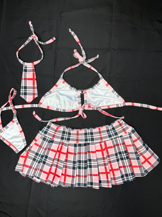 Baby Pink/White Plaid Bikini Top/Skirt/Tie School Girl Outfit