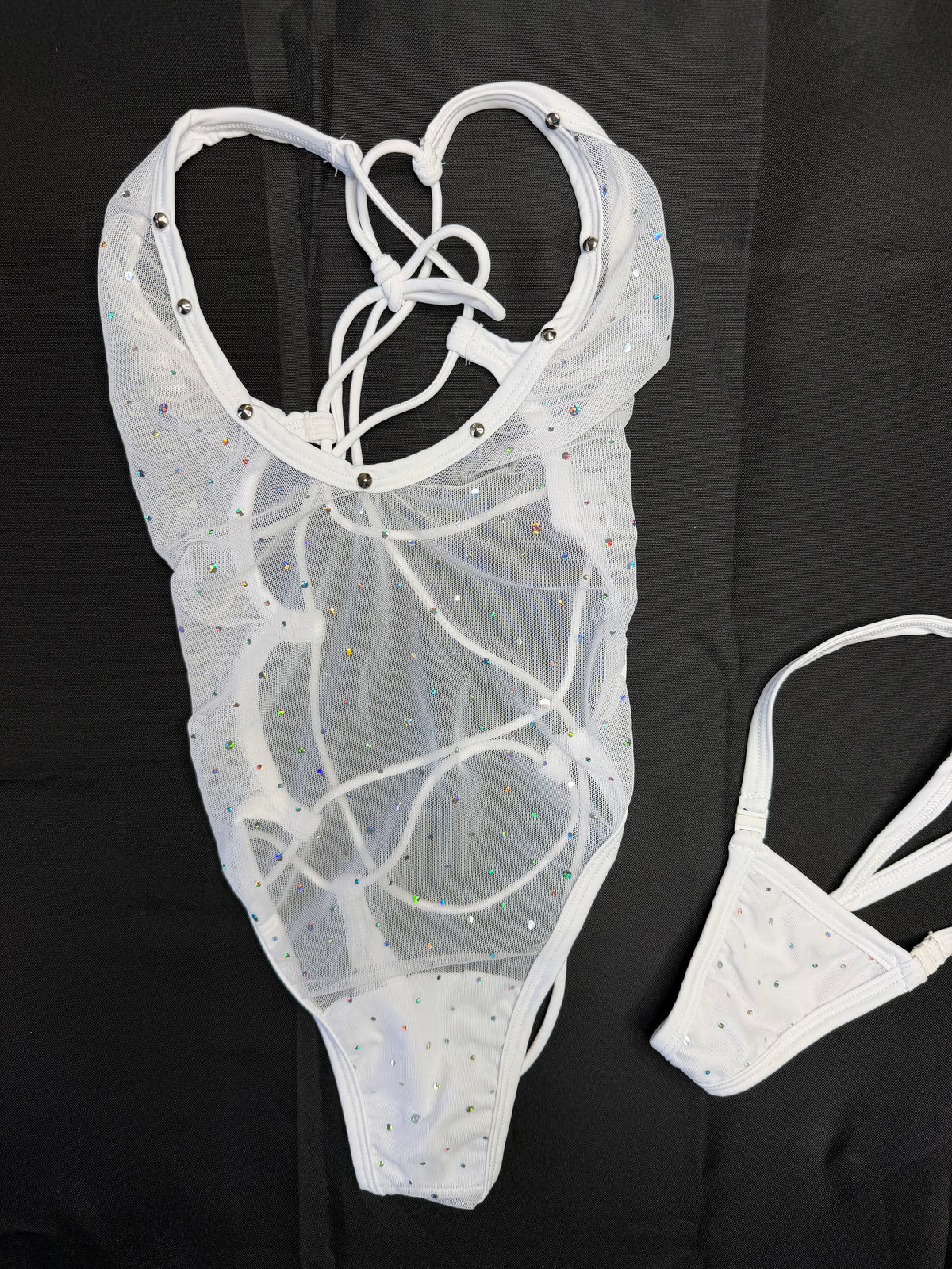 White Sparkle Mesh Three-Piece With White Fishnet Spandex Shorts Lingerie Outfit