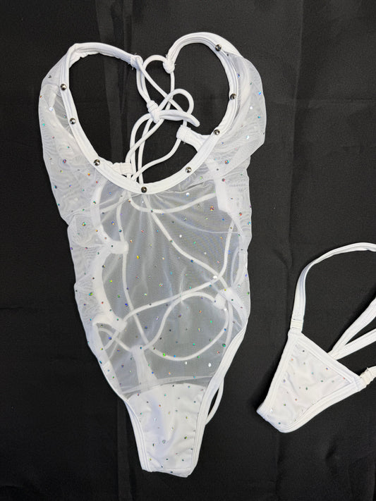 White Sparkle Mesh Three-Piece With White Fishnet Spandex Shorts Lingerie Outfit