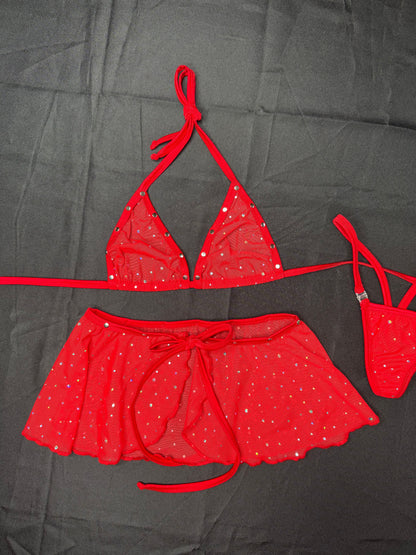 Red Sparkle Mesh Bikini Top/Skirt Two-Piece Lingerie Outfit