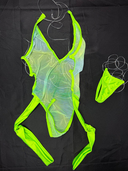 Neon Yellow Spandex/Green Mesh One-Piece Garters Lingerie Outfit