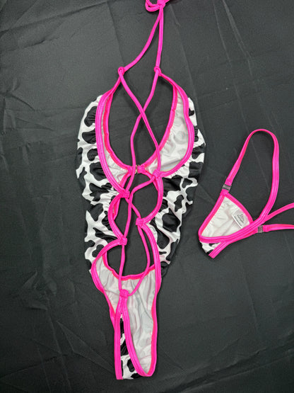 Hot Pink/Cow Print Spandex One-Piece Lingerie Outfit