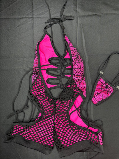 Metallic Pink Spider Web One-Piece Romper Lingerie