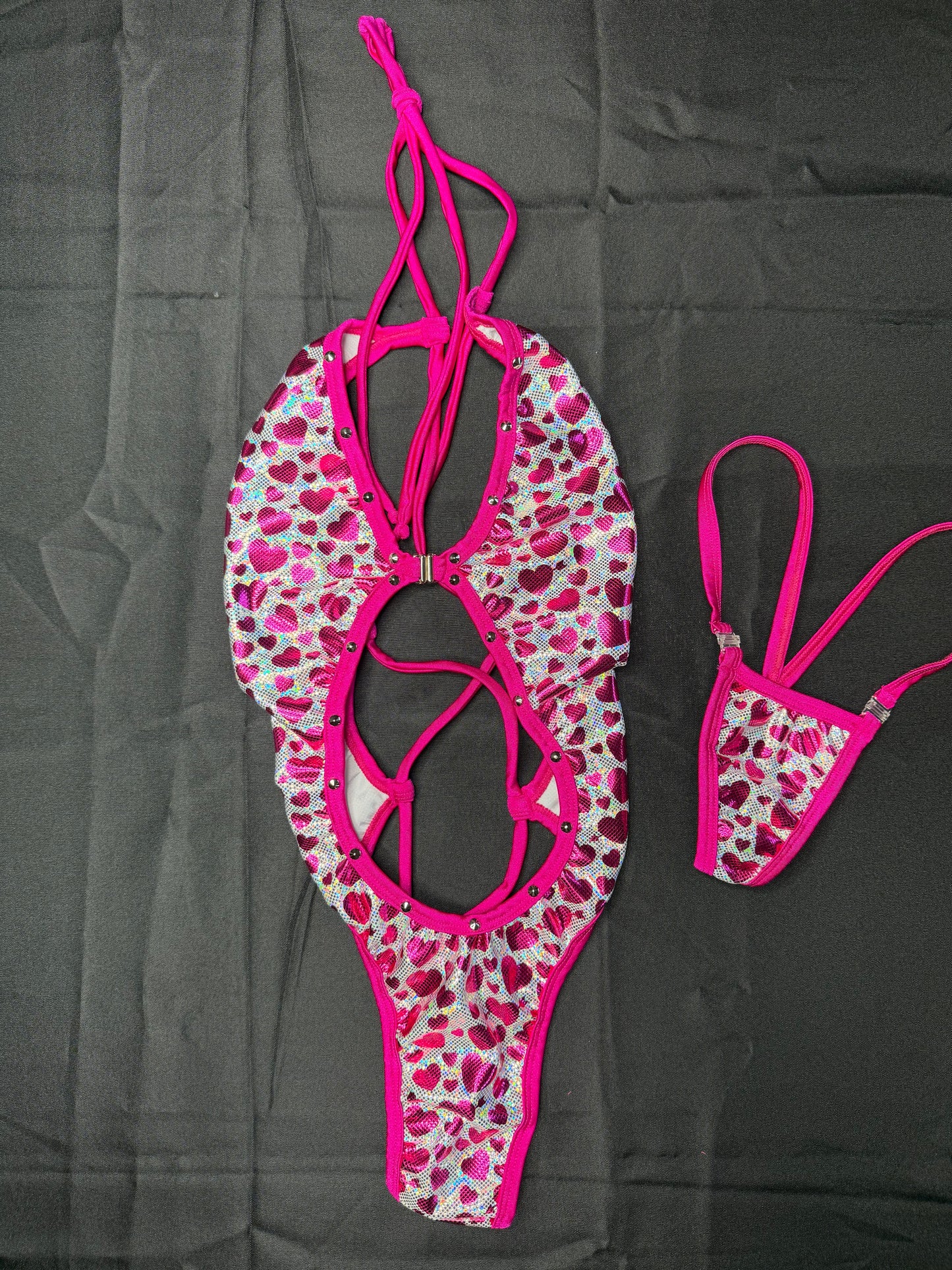 Metallic Heart/Hot Pink Spandex One-Piece Lingerie Outfit