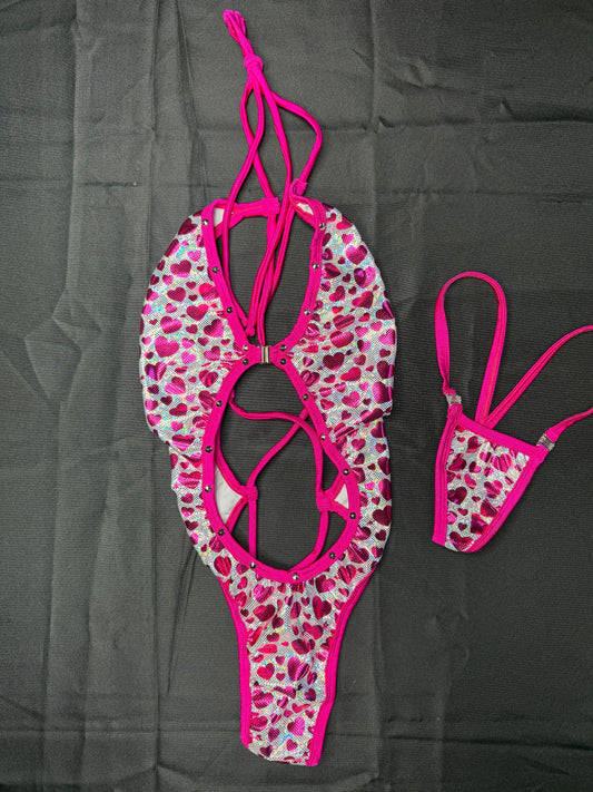 Metallic Heart/Hot Pink Spandex One-Piece Lingerie Outfit