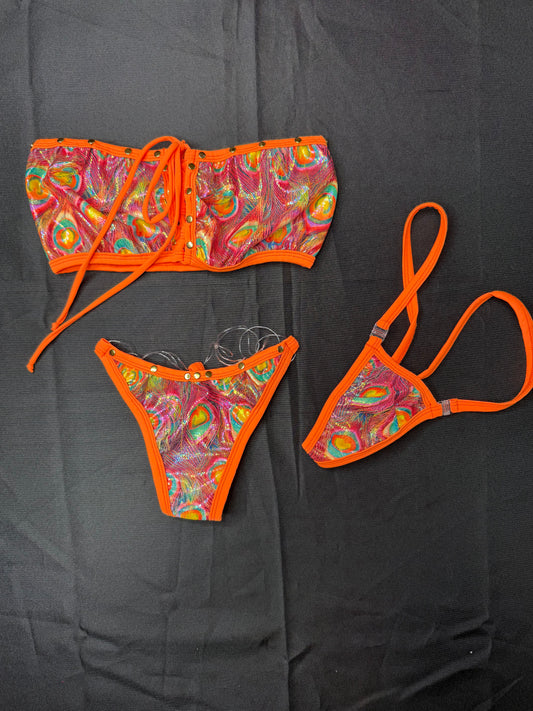 Peacock Animal Print Holographic Spandex Two-Piece Tube Top/Silicone String Bottoms Bikini Lingerie Outfit