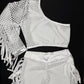 Microdot Silver/White Fringe Single Sleeve/Shorts Two-Piece Lingerie Outfit