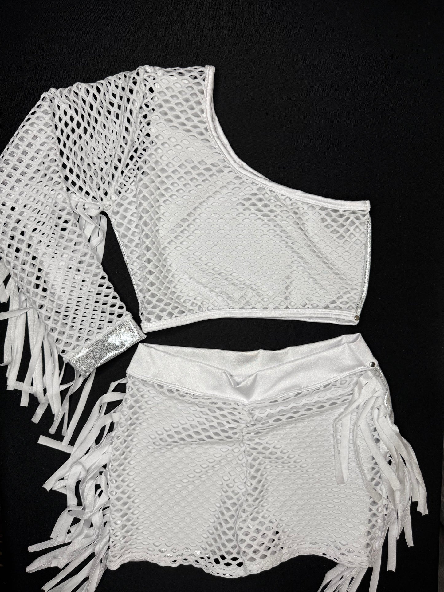 Microdot Silver/White Fringe Single Sleeve/Shorts Two-Piece Lingerie Outfit