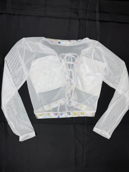 White Mesh/White Designer Spandex Two-Piece Lingerie Outfit