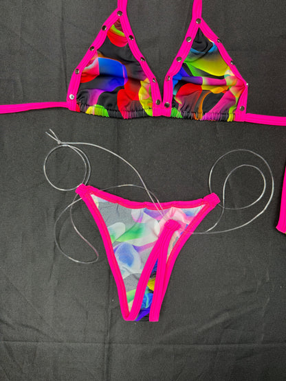 Multi Color/Hot Pink Spandex Two-Piece Bikini Lingerie Outfit