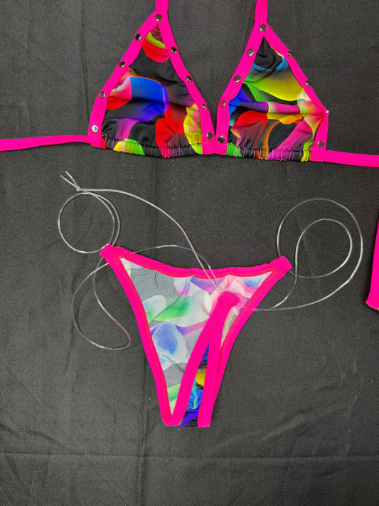 Multi Color/Hot Pink Spandex Two-Piece Bikini Lingerie Outfit