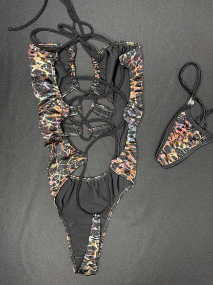 Black/Copper Spandex One-Piece Lingerie Outfit
