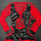 Metallic Black Spandex/Red Fishnet Long Sleeve Romper Lingerie Outfit