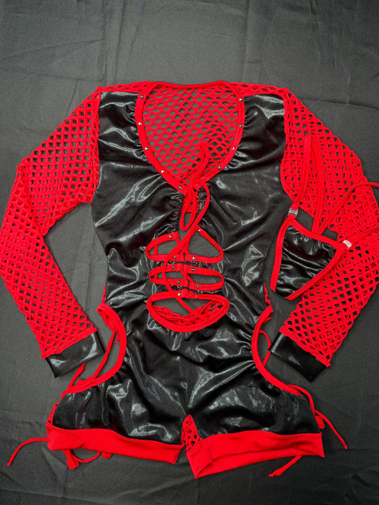 Metallic Black Spandex/Red Fishnet Long Sleeve Romper Lingerie Outfit