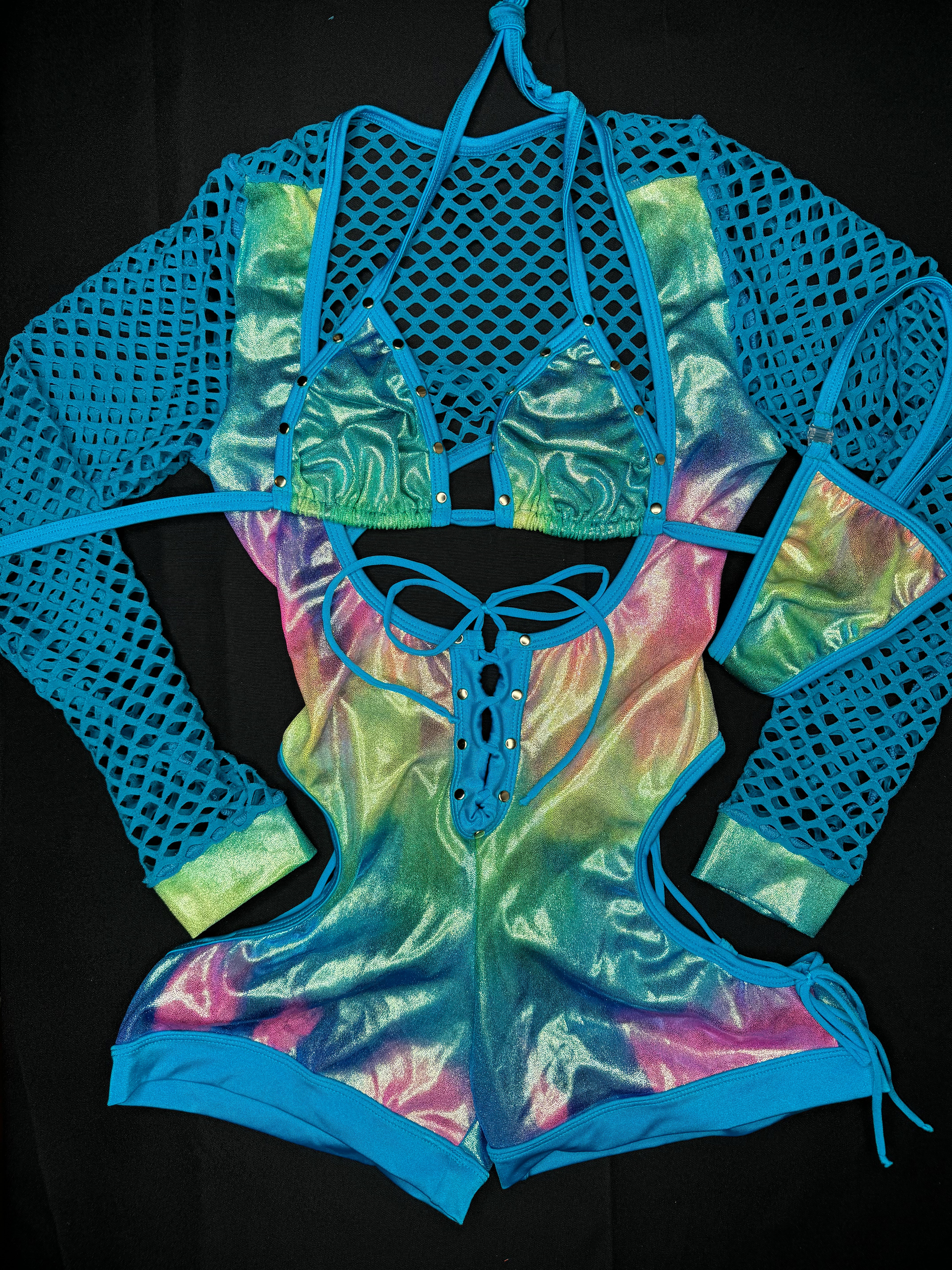 Turquoise Fishnet Rainbow/Turquoise Fishnet One-Piece Romper Lingerie Outfit ...