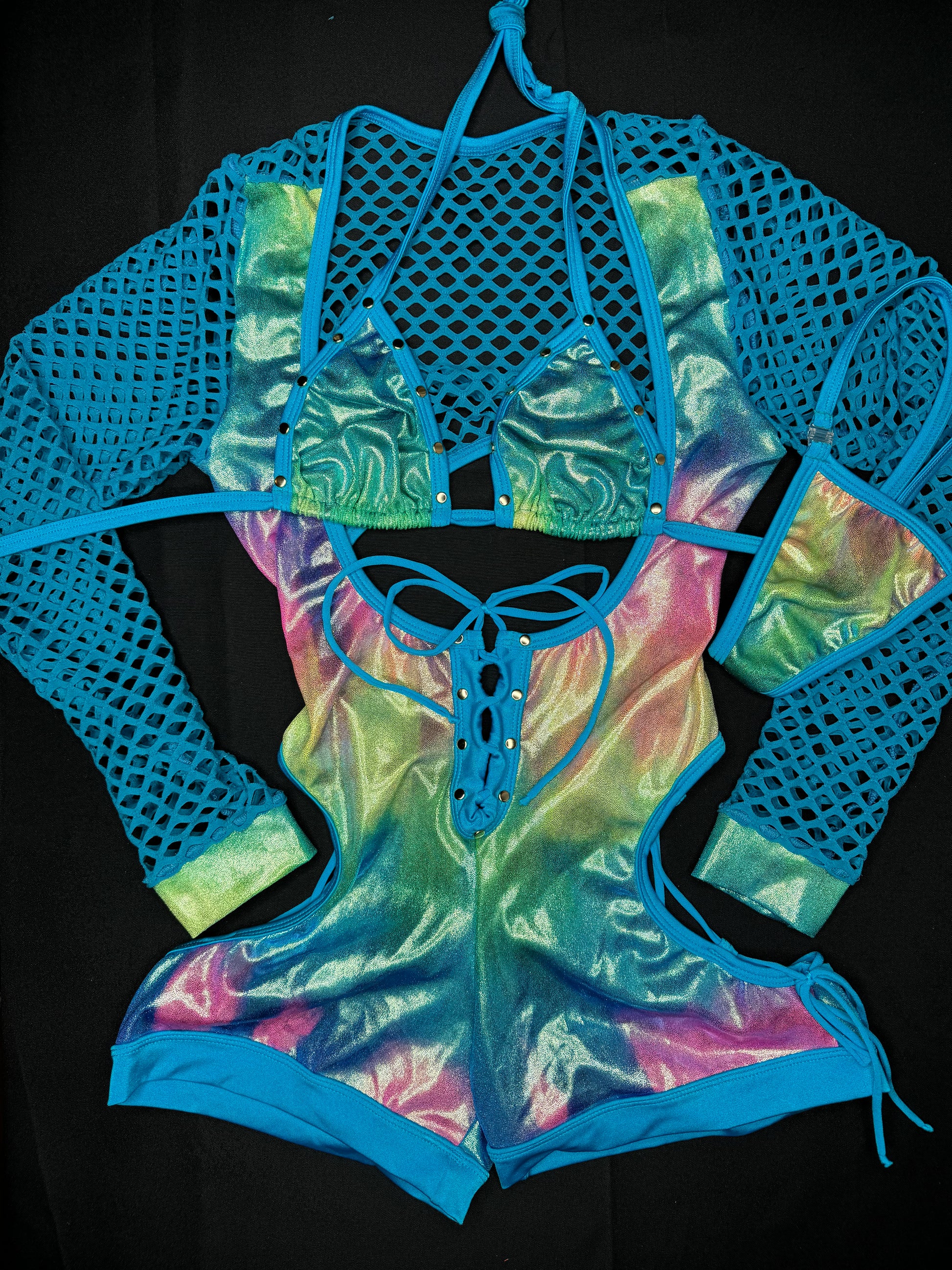 Rainbow/Turquoise Fishnet One-Piece Romper Lingerie Outfit ...
