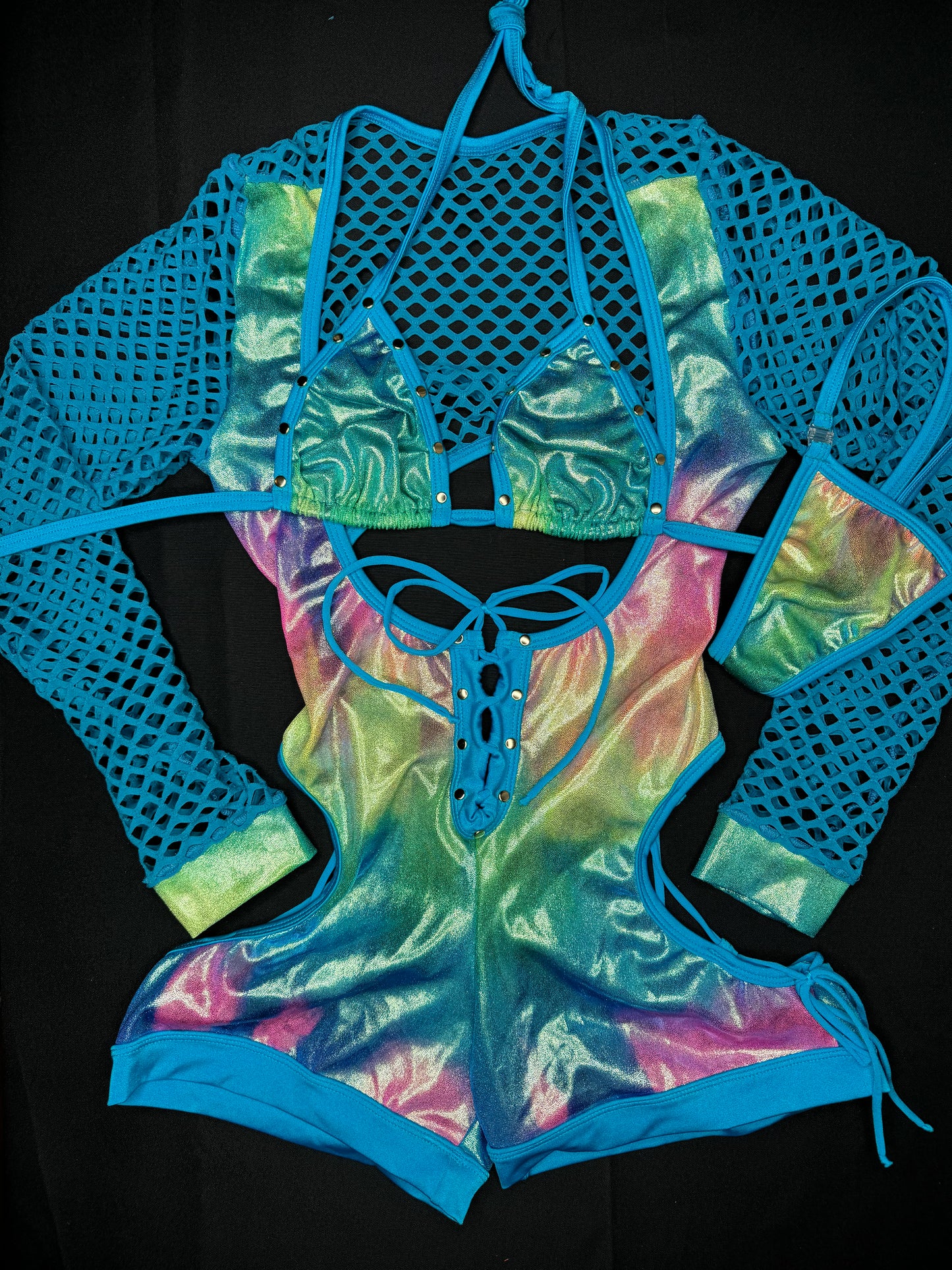 Rainbow/Turquoise Fishnet One-Piece Romper Lingerie Outfit