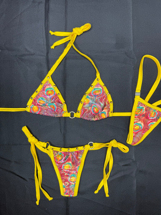 Peacock Holographic/Yellow Spandex Two-Piece Bikini Lingerie Outfit