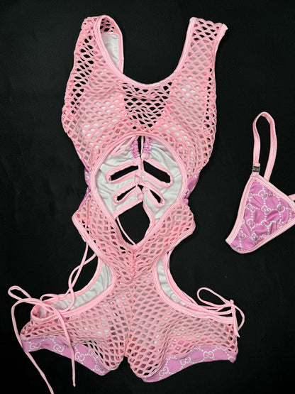 Baby Pink Designer Spandex/Fishnet One-Piece Lingerie Outfit