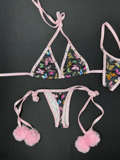 Metallic Baby Pink/Mushroom Print Spandex Two-Piece Lingerie Outfit
