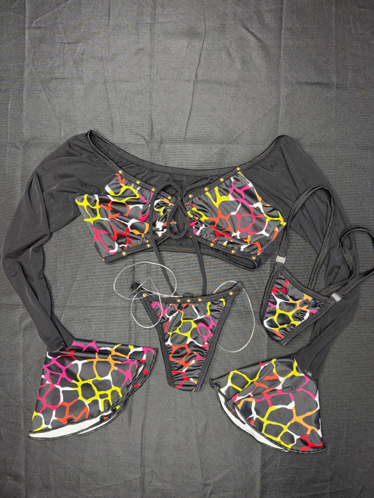 Animal Print Spandex/Black Mesh Two-Piece Lingerie Outfit