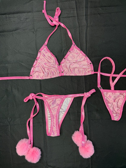 Metallic Pink/Pink Spandex Pom-Poms Two-Piece Bikini Lingerie Outfit