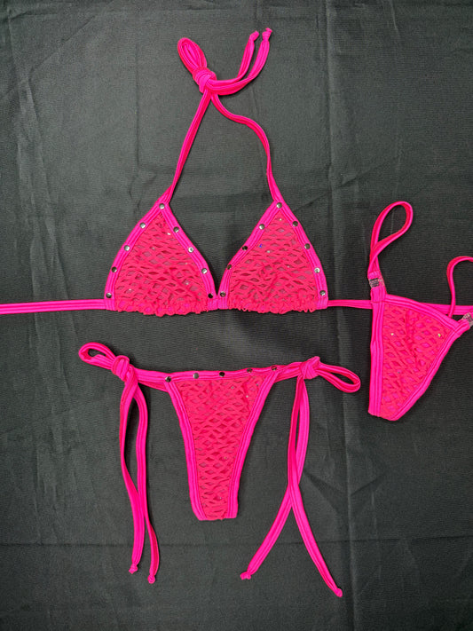Hot Pink Mesh/Fishnet Spandex Two-Piece Bikini Lingerie Outfit