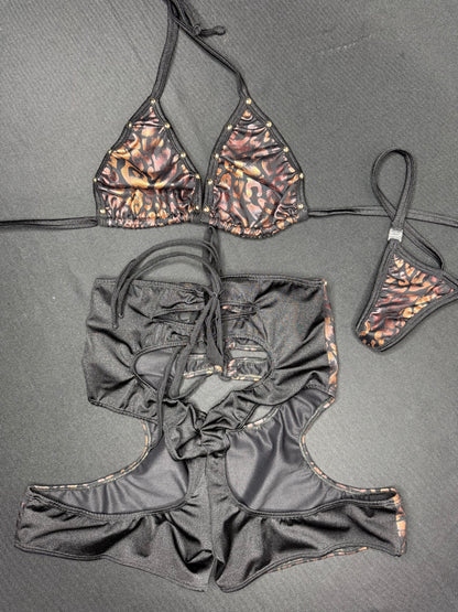 Chocolate/Black Cheetah Animal Print Spandex Two-Piece Bikini Top/Shorts Lingerie Outfit