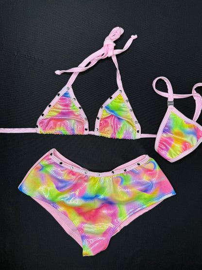 Holographic Rainbow Bikini Top/Shorts Two-Piece Lingerie Outfit